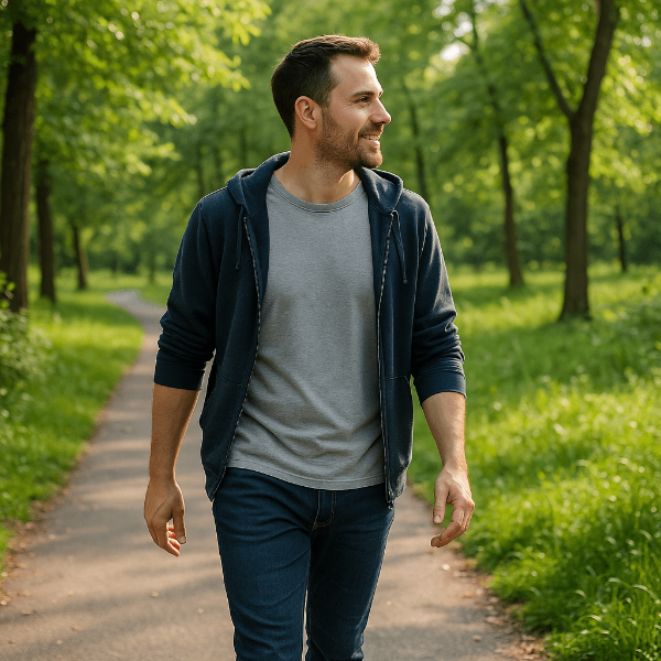 공원에서 산책하며 스트레스 관리하는 모습