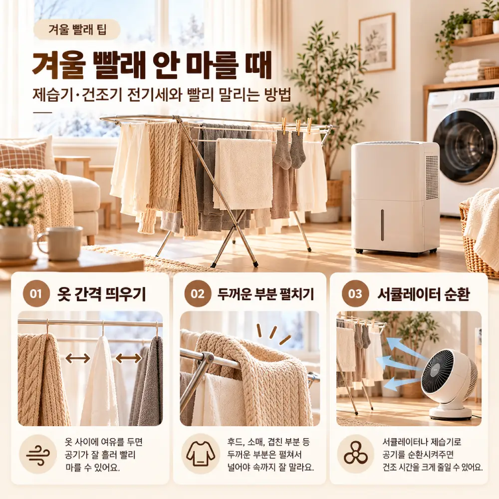 겨울 빨래를 빨리 말리는 세 가지 방법으로 옷 사이 간격 띄우기, 두꺼운 부분 펼치기, 서큘레이터를 이용한 공기 순환을 설명하는 이미지