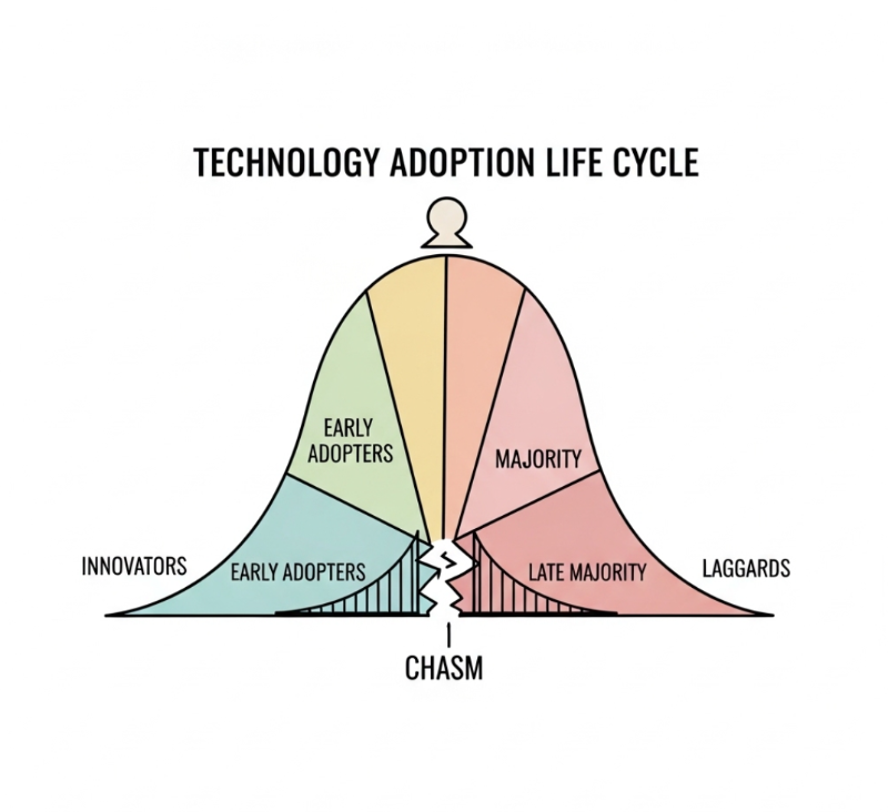 새로운 기술이나 제품이 나오면 보통 아래와 같은 '혁신 수용 주기' 를 거치게 됩니다.