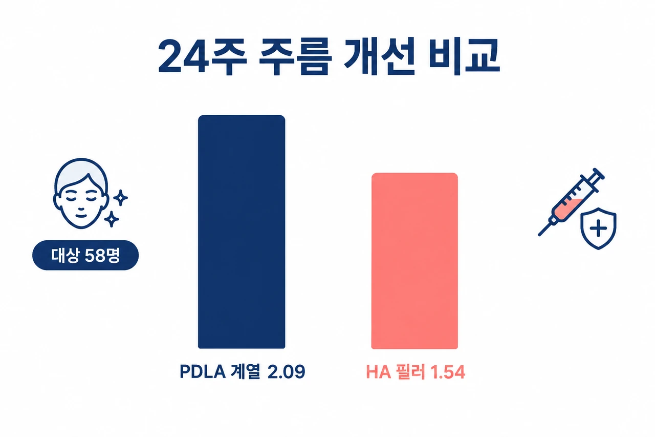 피부 고민별 스킨부스터 유지기간과 시술 주기 chart shows 24주, 58명, PDLA 2.09 and HA 1.54.