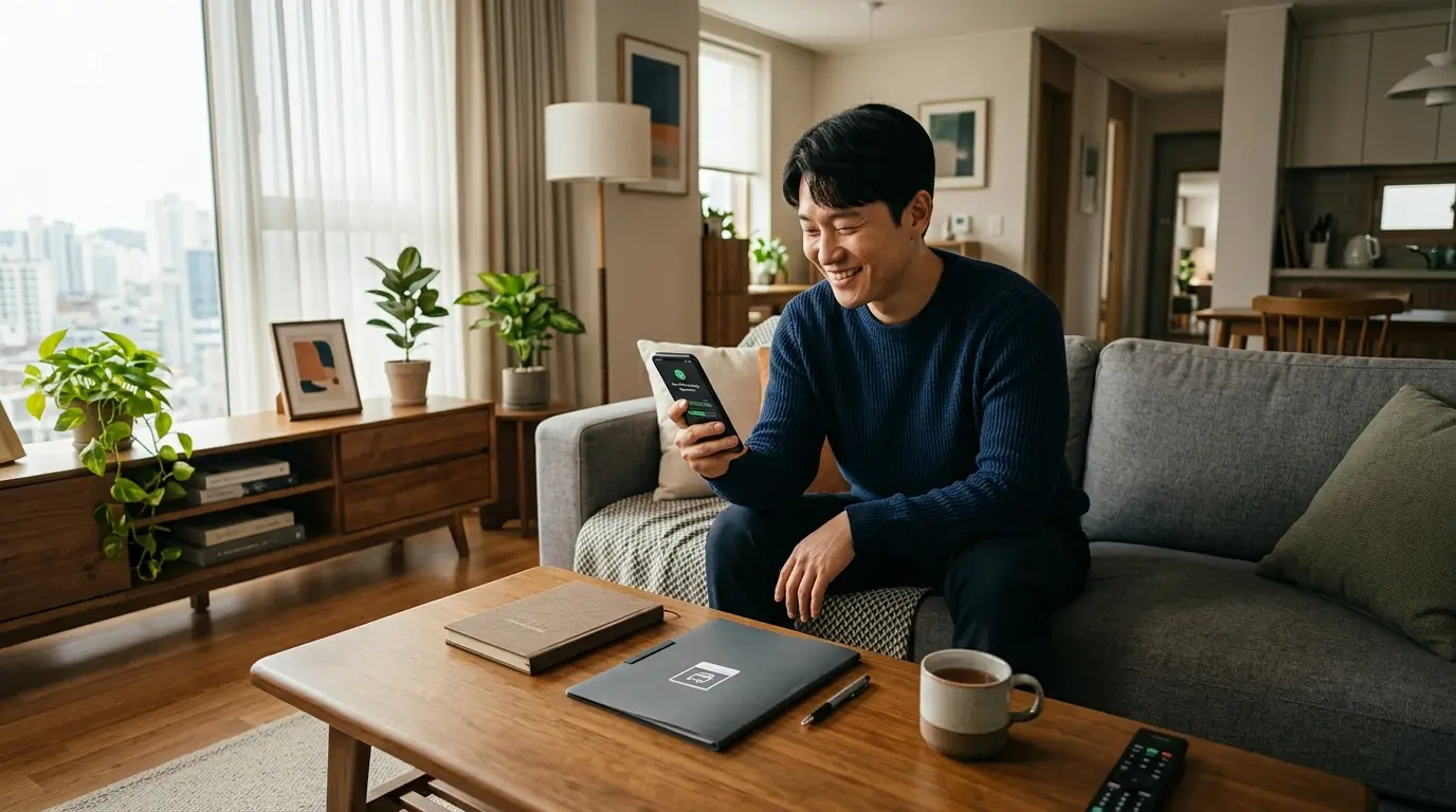 거실 소파에 앉아 스마트폰 비교 플랫폼을 통해 안전한 모바일 자금 대환 한도를 확인하고 안도하는 직장인의 모습