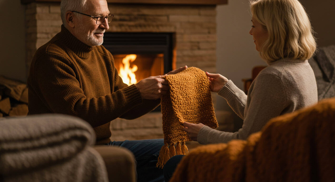 중녀의커플이 벽난로타고있는집에서 목도리를 들고 담소를 즐기고있는 장면