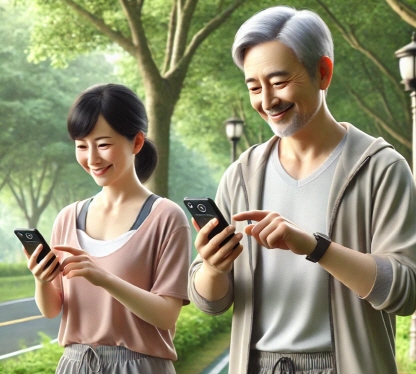 스마트폰 화면을 보며 걷기 활동을 기록하는 중장년 남녀