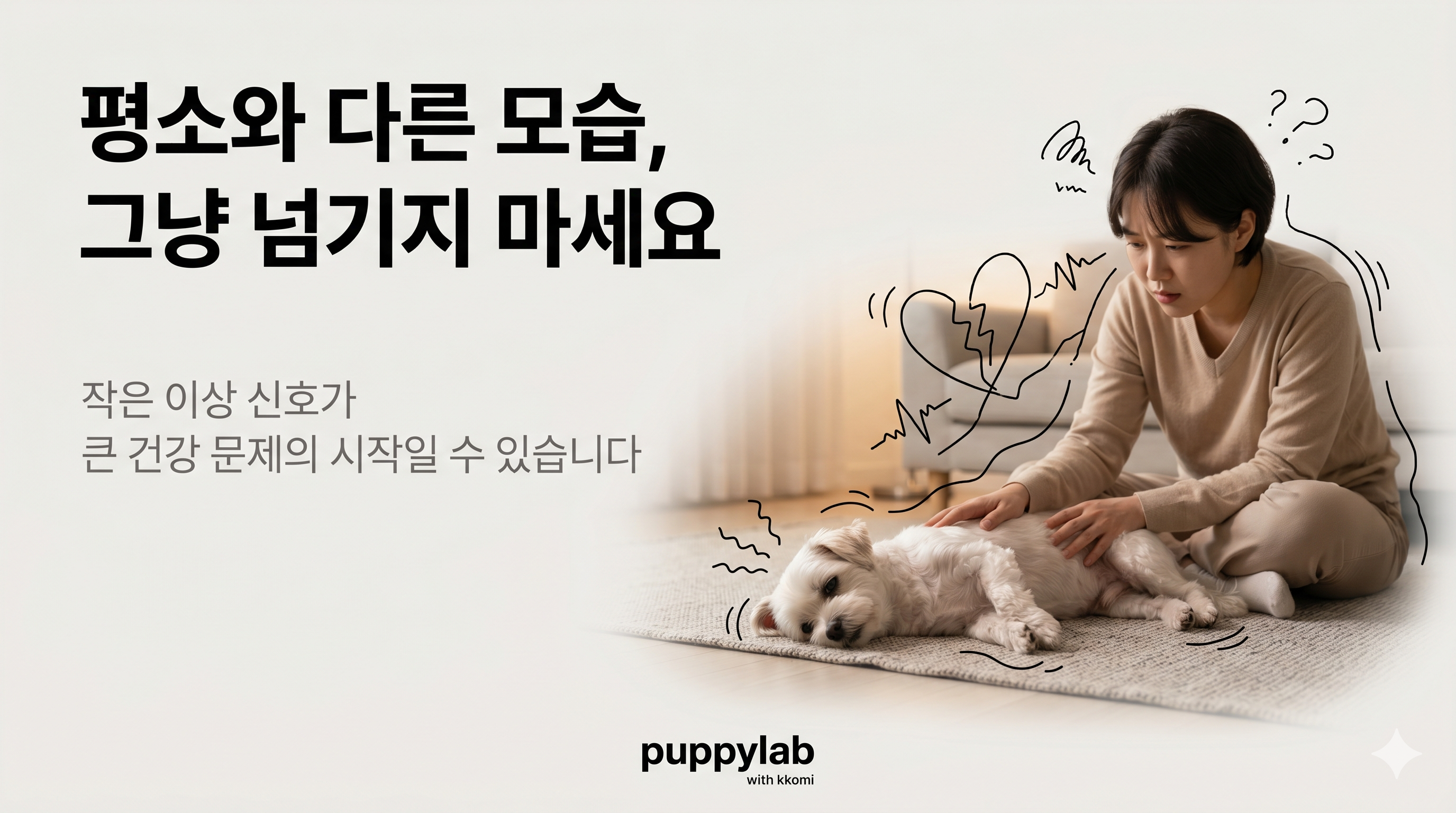 소형견이 힘없이 웅크린 채 바닥에 누워있는 모습, 보호자가 걱정스럽게 옆에서 바라보고 있다
