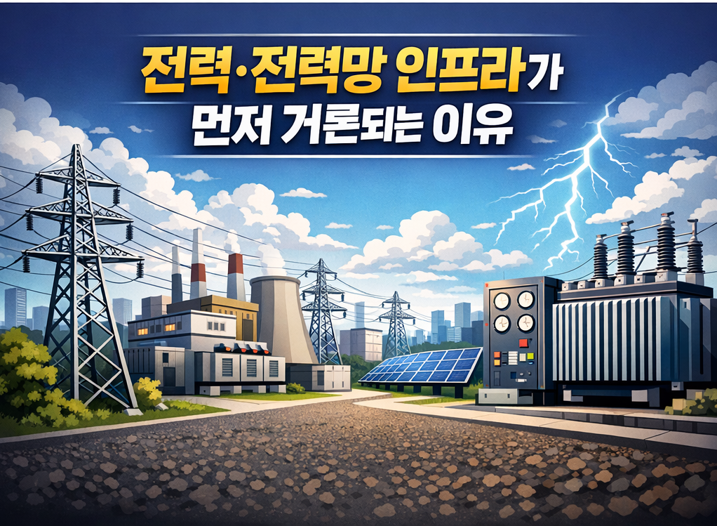 전력&middot;전력망 인프라가 먼저 거론되는 이유, 데이터센터 전력 수요 증가, 송배전망과 변압기 중심 전력 인프라 구조, AI 확산과 전력 병목 현상 설명 이미지