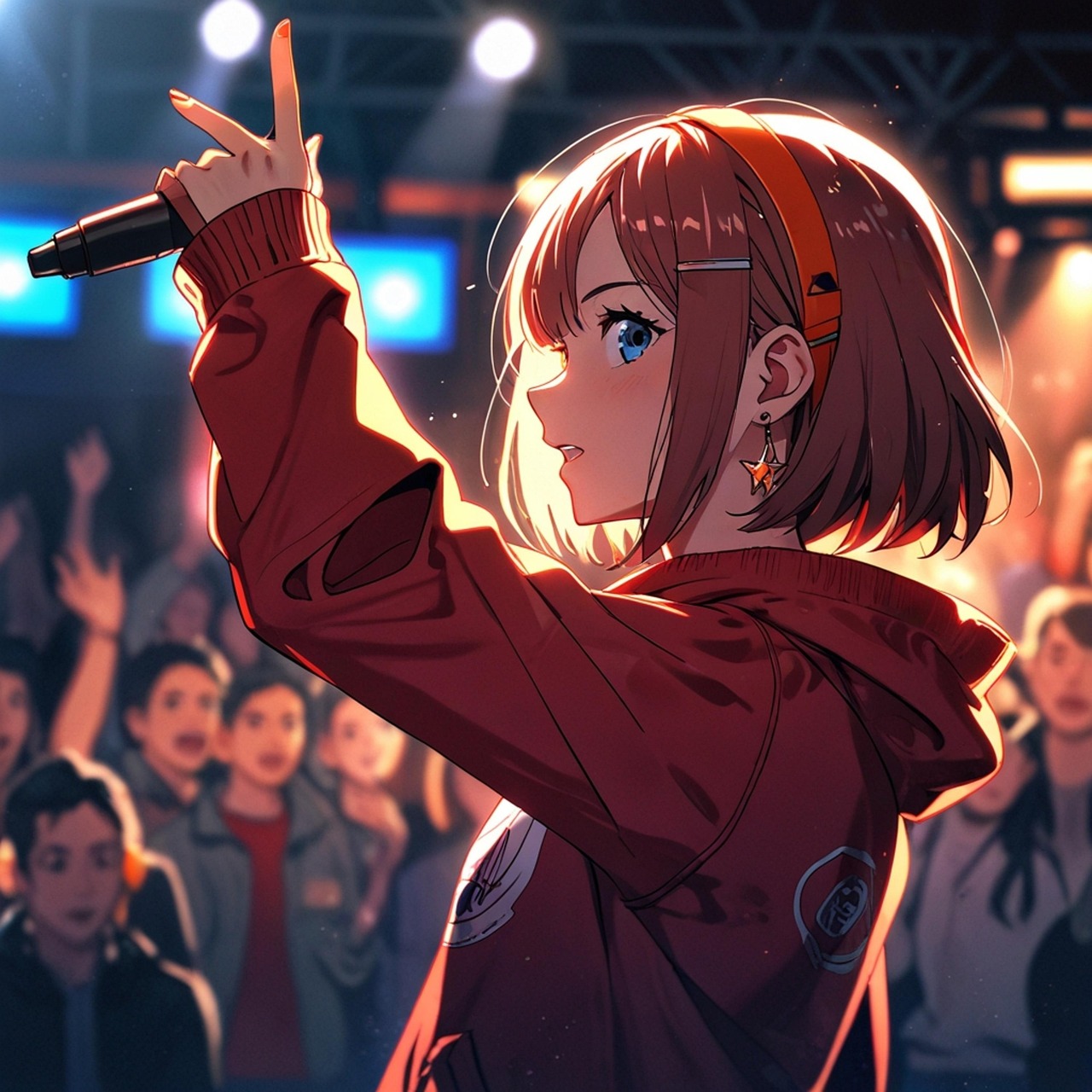 “vintage microphone”, “stage spotlight singer”, “audience applause”, “neon music sign” 관련 사진
