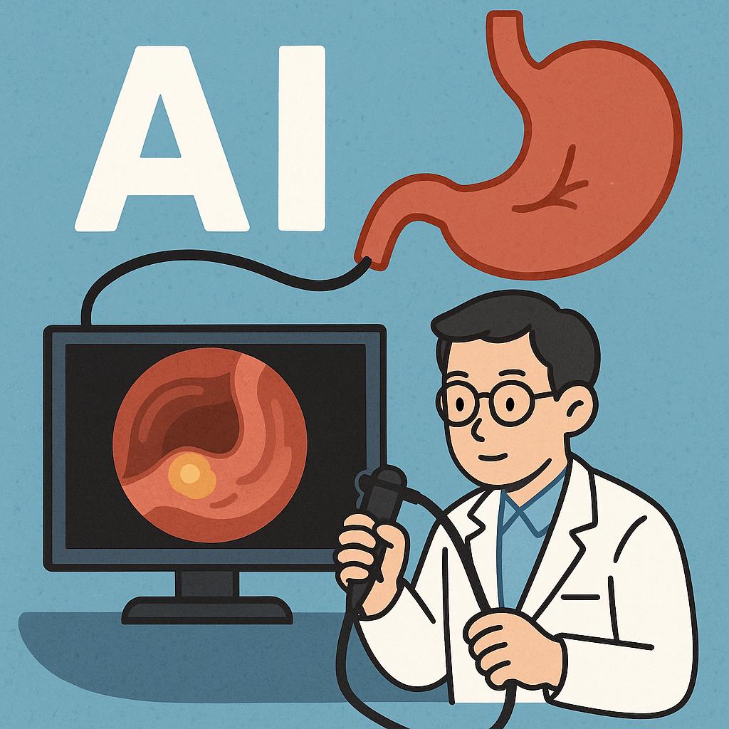 위내시경을 AI와 의사가 협진하는 모습의 이미지 만화체 그림