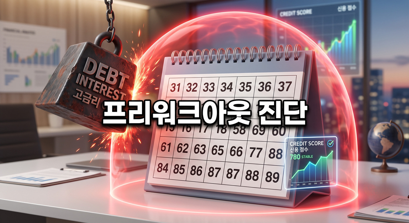 31일에서 89일 사이가 표시된 달력이 빛나는 붉은색 보호 돔에 둘러싸여 고금리 이자를 상징하는 무거운 쇳덩이를 튕겨내고 있으며, 돔 내부의 신용점수 그래프는 안정적으로 유지되는 3D 일러스트 배경에, 짙은 그림자와 외곽선으로 선명하게 강조된 '프리워크아웃 진단'이라는 한글 문구가 중앙에 적힌 이미지