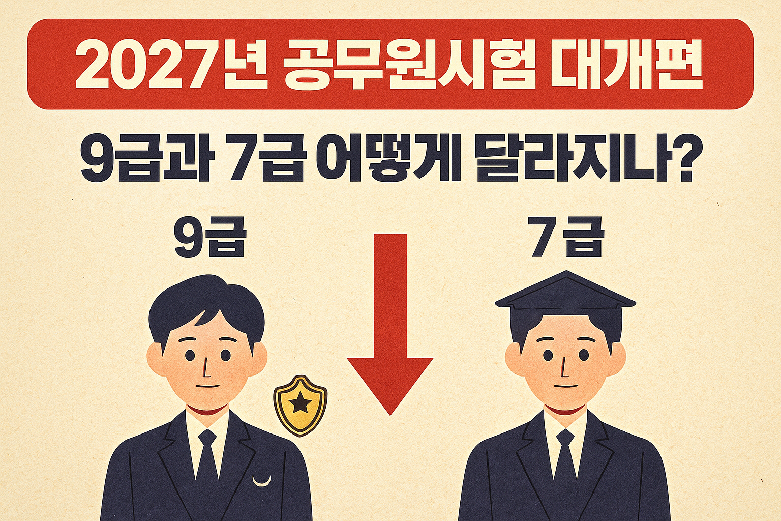 2027년 공무원시험 대개편을 주제로, 9급과 7급 시험 제도 변화와 차이를 시각적으로 표현한 인포그래픽 썸네일 이미지.