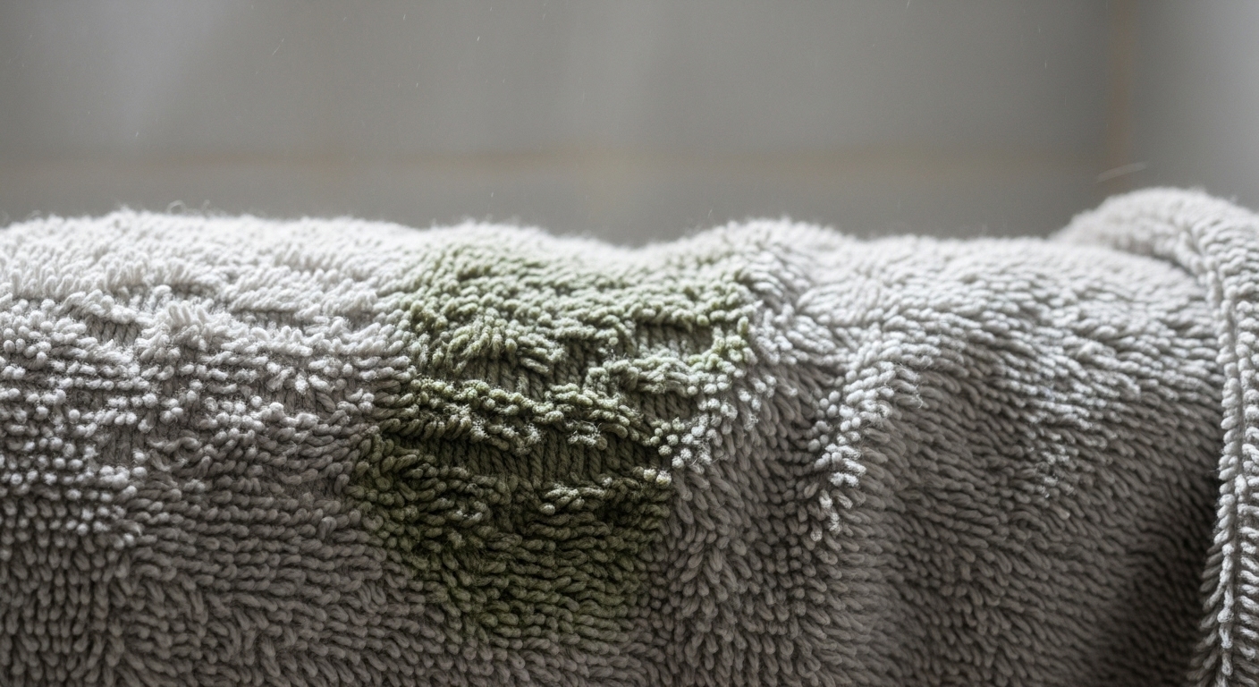 축축하고 꿉꿉한 냄새가 나는 듯한 욕실 수건의 근접 촬영 이미지.