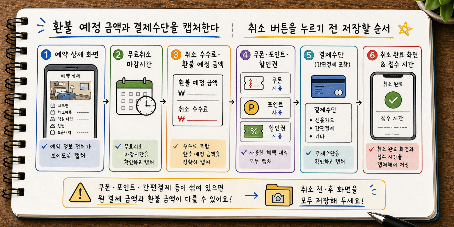 숙소 예약 취소 전 예약 상세 화면, 무료취소 마감시간, 취소 수수료와 환불 예정 금액, 쿠폰과 포인트, 취소 완료 화면을 저장하는 이미지