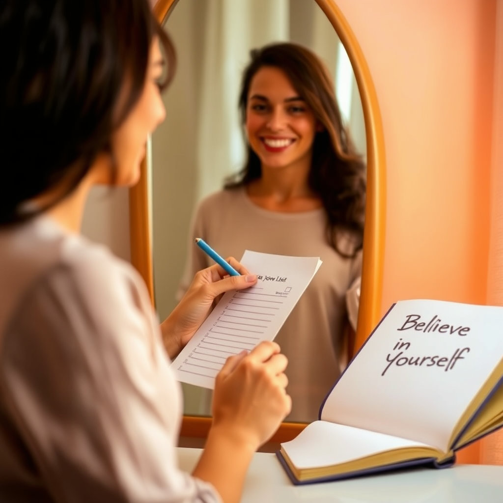 거울 앞에서 자신의 모습을 보며 미소 짓는 사람, 체크리스트를 채우는 손, 따뜻한 분위기, '자신을 믿는 것&rsquo;이라는 문구가 적힌 노트