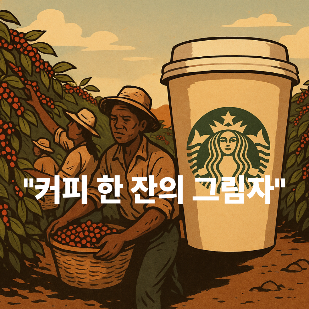 브라질의 커피농장에서 노동자들 수확하는 장면 뒤로, 스타벅스 컵 의 이미지