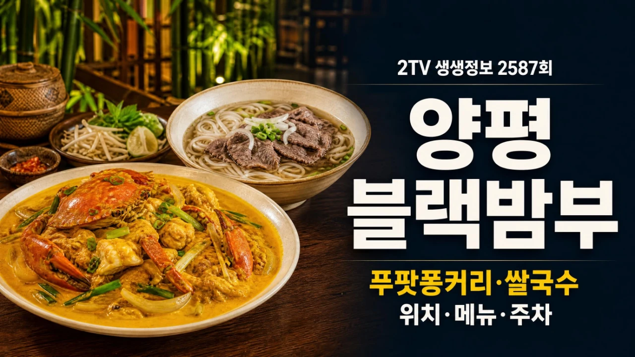 2TV 생생정보 2587회 양평 블랙밤부 위치와 푸팟퐁커리 메뉴를 정리한 이미지
