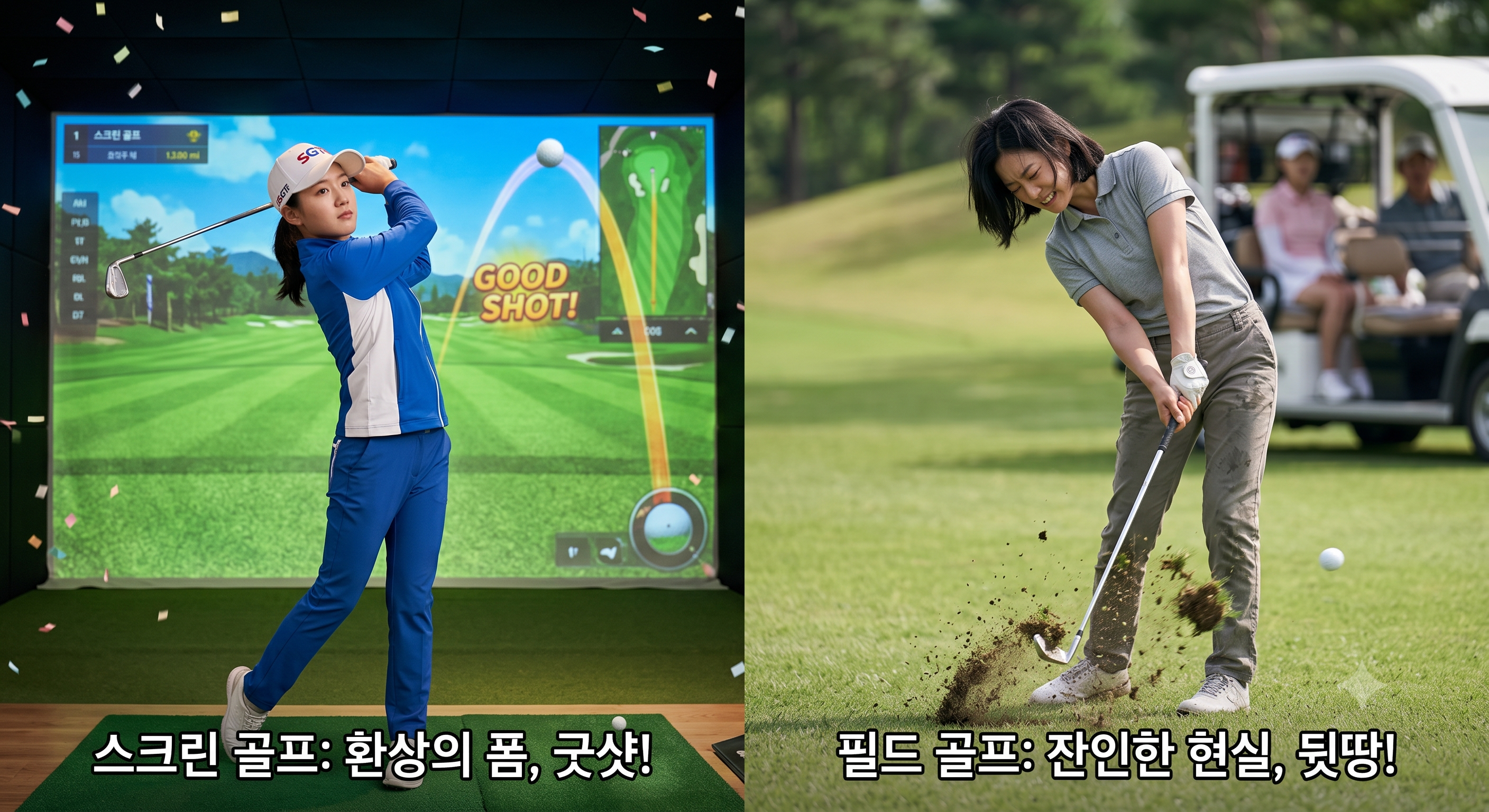 스크린골프와 필드에서 아이언 뒷땅의 결과 차이를 설명한 도표 &mdash; 스크린 매트는 표면이 미끄러워 뒷땅을 쳐도 클럽이 쓸려 들어가 비거리 손실만 있고 시스템 보정까지 되지만, 필드 잔디는 뒤를 치는 순간 클럽이 땅에 박혀 잔디만 파내고 공은 몇 미터에 그치며, 이 차이에 당황해 힘이 들어가면 탑핑으로 이어지는 혼돈의 연쇄가 발생한다는 점을 표시