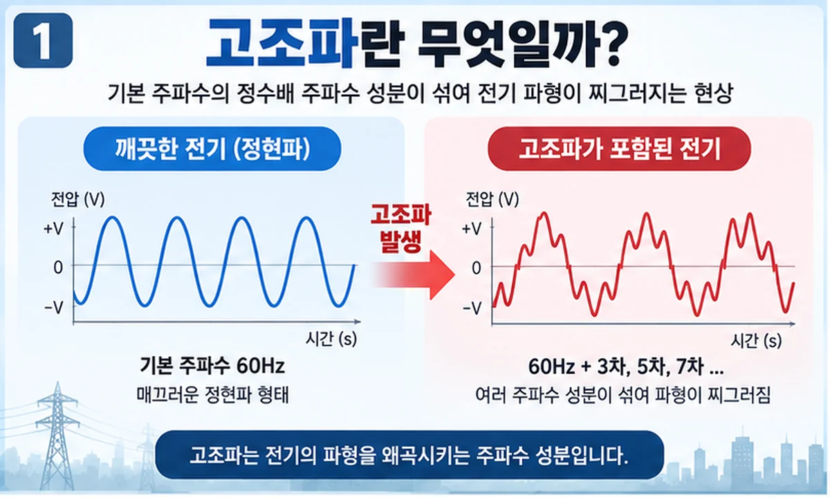 고조파와 정상 정현파의 차이를 비교한 전기 파형 인포그래픽