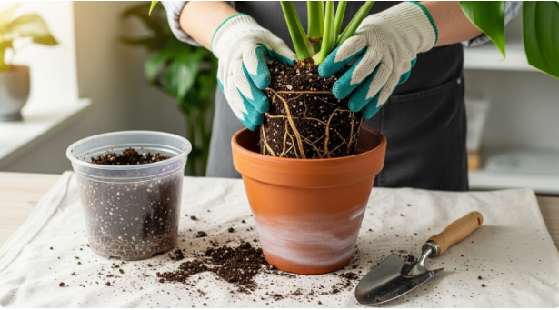 몬스테라 식물을 기존 화분보다 조금 더 큰 테라코타화분으로 조심스럽게 옮겨 심는 모습. 신선한 분갈이 흙이 보이며 뿌리를 다루는 손길이 섬세합니다.