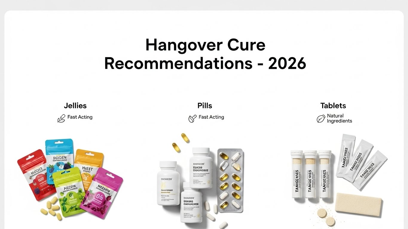 젤리, 환, 알약 등 다양한 형태의 최신 숙취해소제 제품들이 나열된 모습