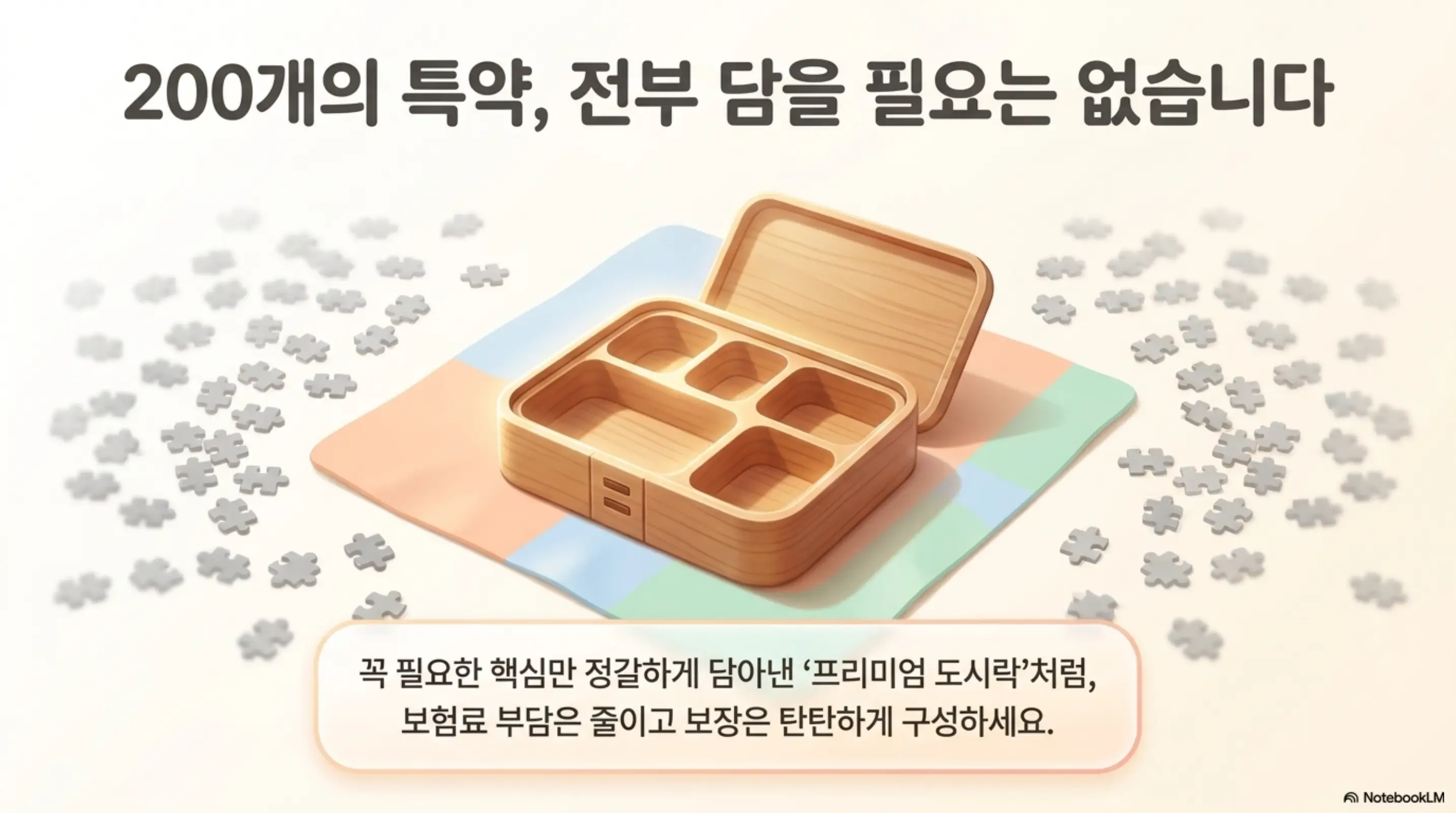 태아보험 어린이보험 가입시기: 태아보험 특약 200개 중 전부 넣을 필요 없이 핵심만 담아야 한다는 내용을 도시락 비유로 설명하는 인포그래픽. 보험료 부담은 줄이고 보장은 탄탄하게 구성하라는 태아보험 특약 추천 정보를 시각적으로 전달하며 태아보험 특약 구성과 관련된 내용을 설명함