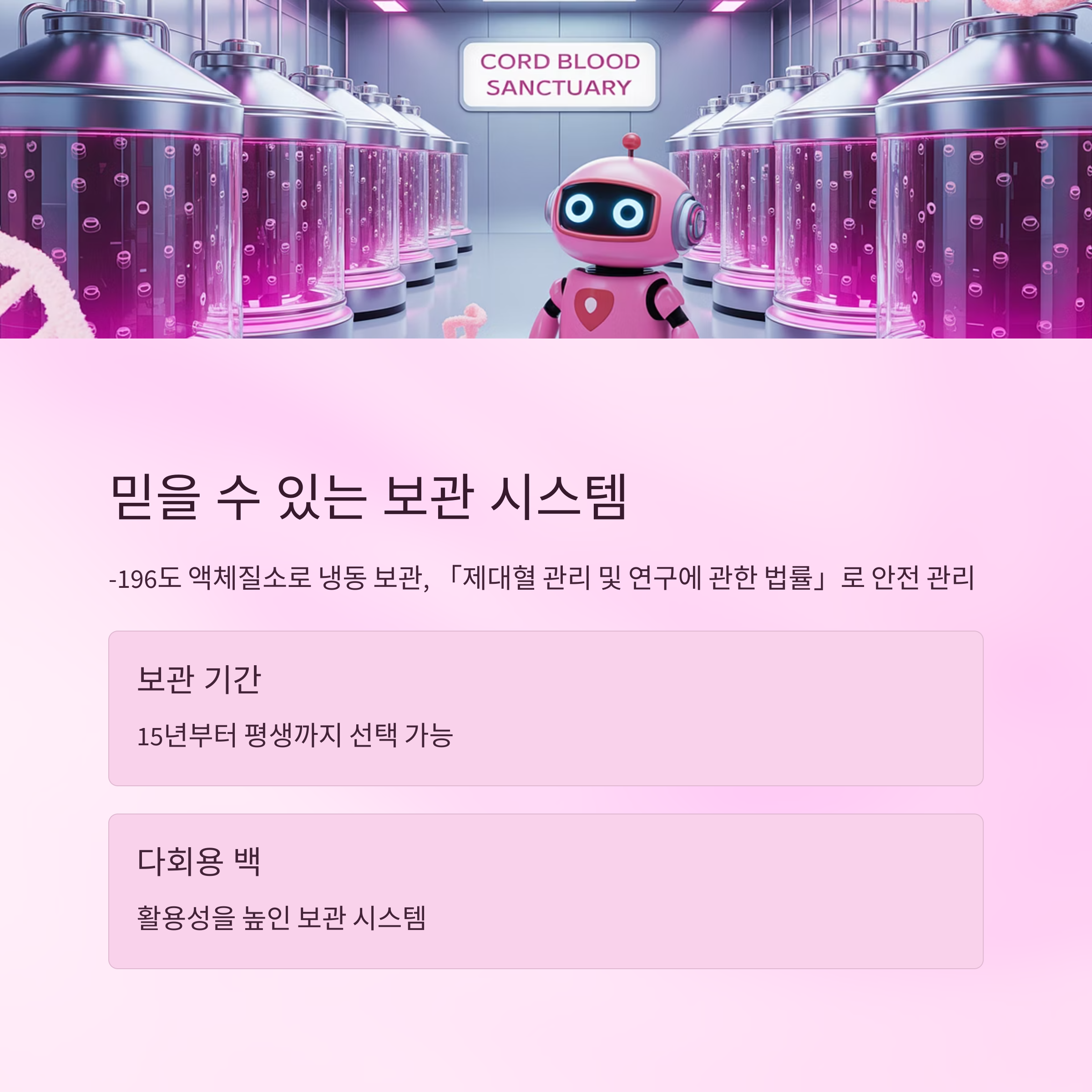 로봇과 냉동 저장 탱크가 있는 삽화와 함께 믿을 수 있는 제대혈 보관 시스템의 특징과 보관 기간, 다회용 백에 대한 설명 이미지