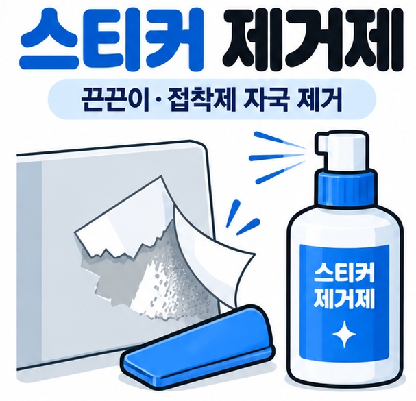 스티커와 접착제 자국 제거 아이콘을 중심으로 스티커 제거제 문구를 보여주는 대표 카드뉴스 이미지