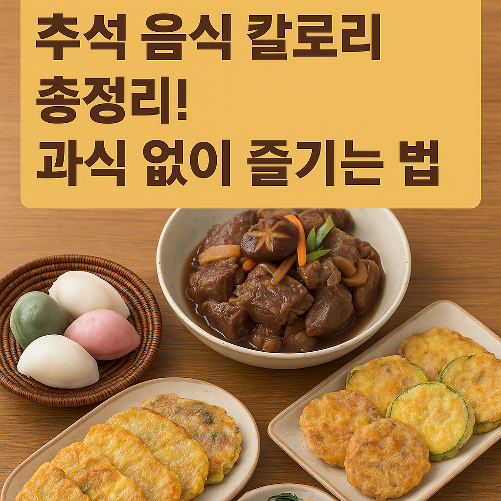 "추석 명절음식 칼로리 정리 - 갈비찜, 송편, 전류, 잡채"
"추석 과식 예방을 위한 작은 접시에 담긴 나물과 전"
"송편과 약과 칼로리 비교, 건강한 추석 음식 섭취 방법"