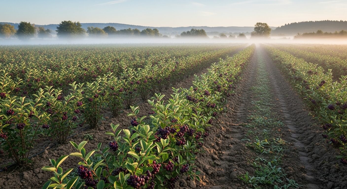 아침 안개가 깔린 넓은 아로니아 농장에서 짙은 보랏빛 열매가 줄지어 자라는 재배지 모습