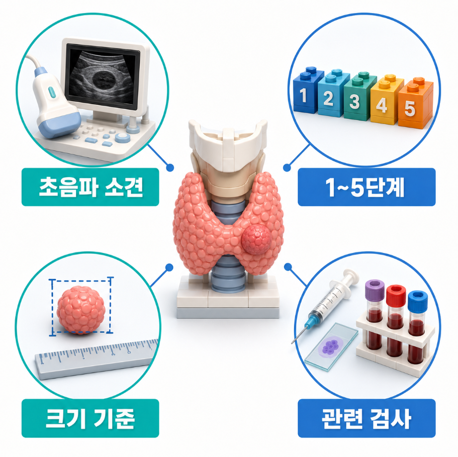 갑상선 결절의 초음파 소견과 1~5단계, 크기 기준, 관련 검사를 요약한 K-TIRADS 인포그래픽