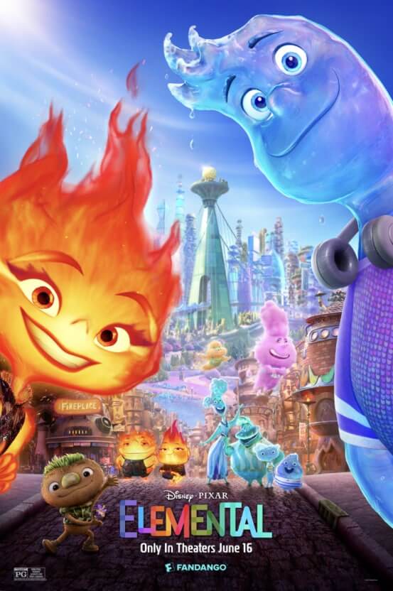 Elemental : 불꽃 엠버와 물 웨이드 캐릭터의 환상적 공존을 담은 포스터