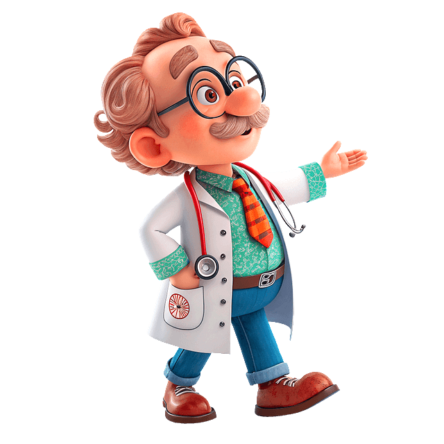 곱슬머리 나이가 지긋한 남자 의사가 하얀 가운을 입고 서 있다.