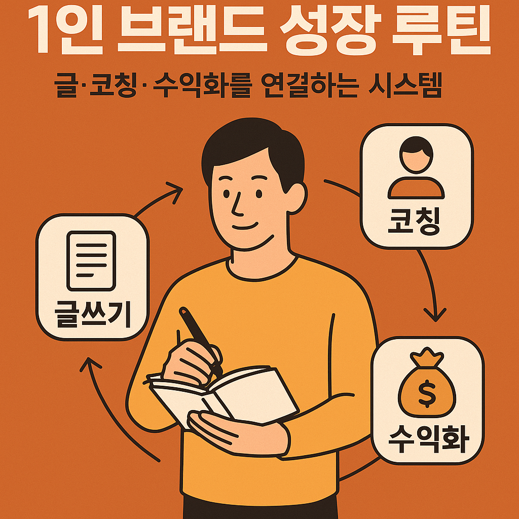 ChatGPT와 Notion을 활용해 글쓰기 루틴을 퍼스널 브랜딩과 수익화로 연결하는 시스템을 소개하는 인포그래픽 스타일의 평면 일러스트 &ndash; 1인 브랜드 성장을 상징