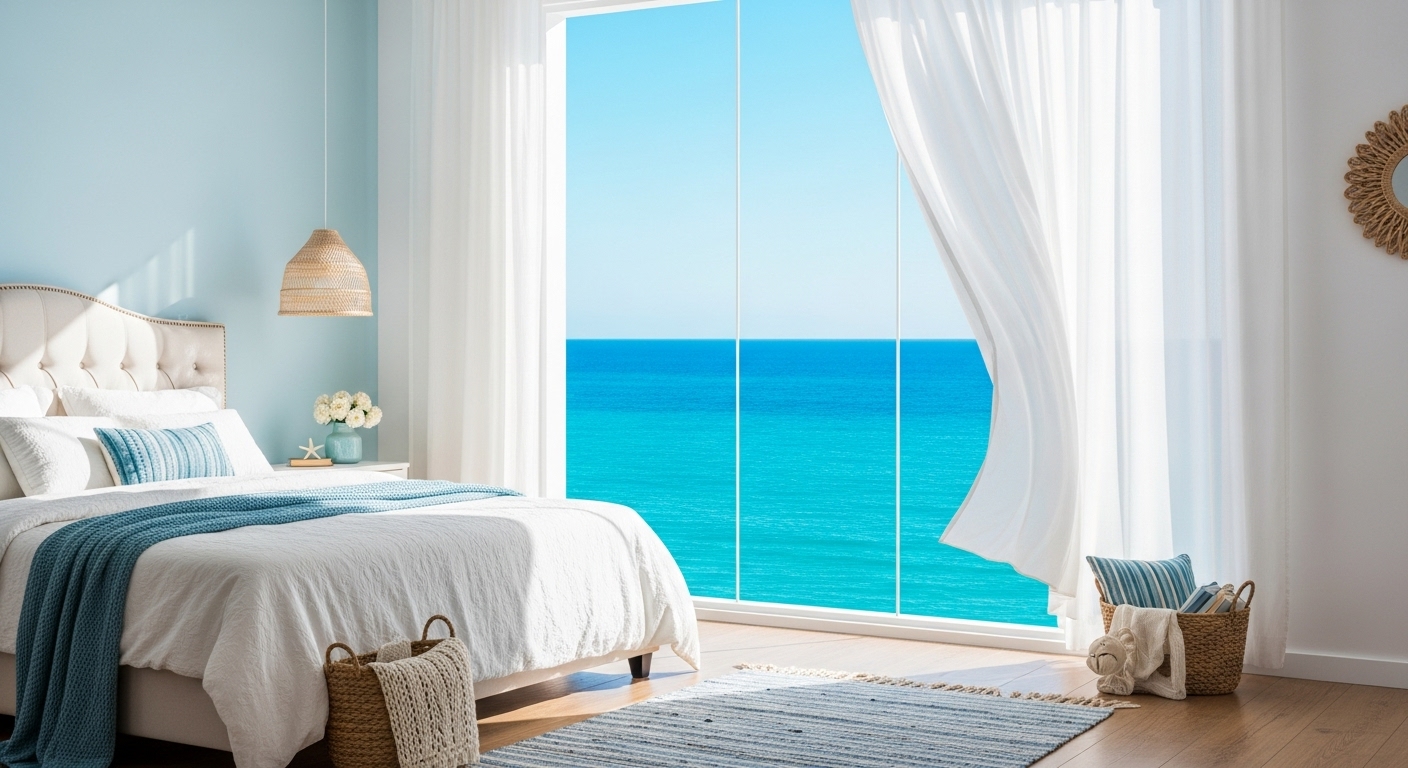 An aesthetic bedroom with a blue sea visible beyond a large window.