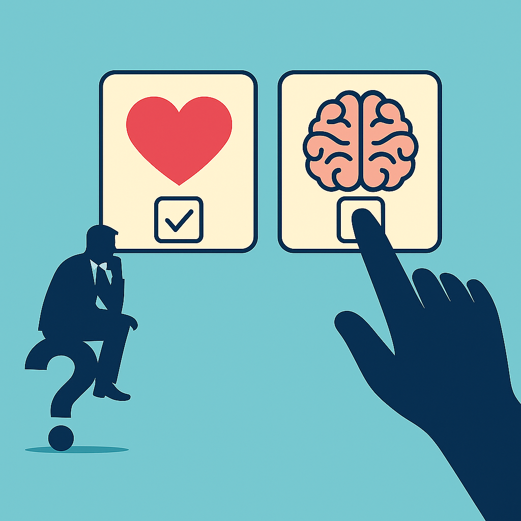 감정과 이성 사이에서 균형 있게 의사결정을 내리는 사람의 모습을 그린 일러스트