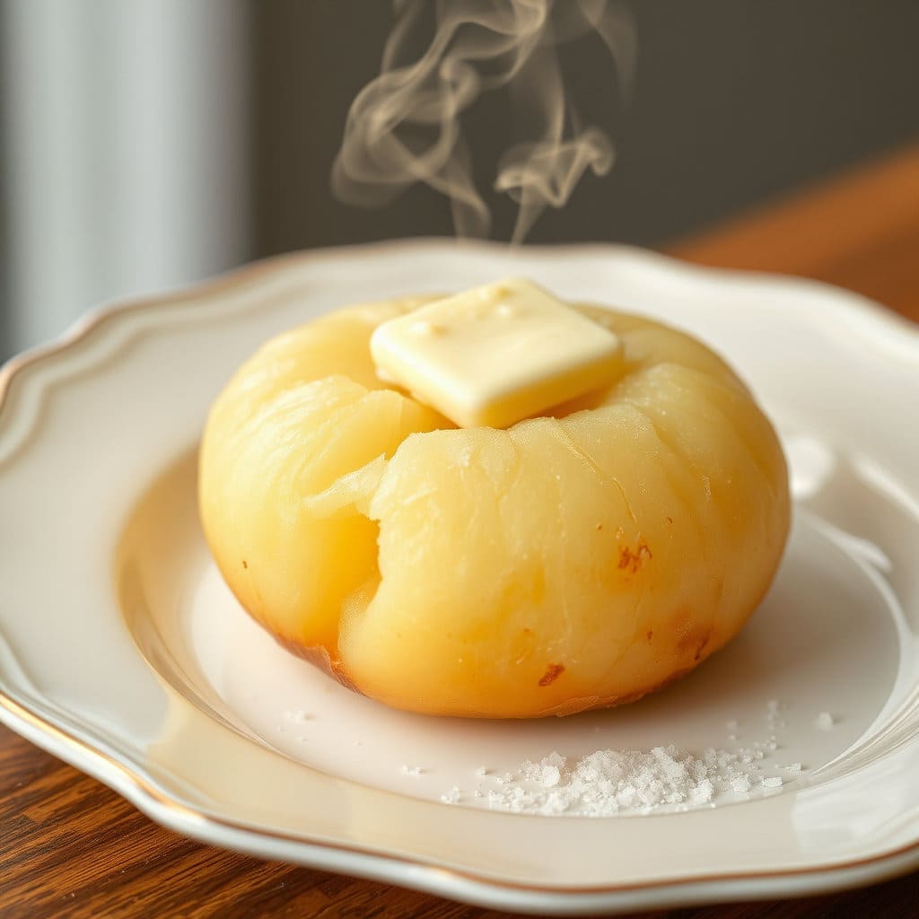 김이 모락모락 나는 삶은 감자가 예쁜 접시에 담겨 있는 모습입니다. 버터 한 조각, 설탕, 또는 소금을 곁들여 더욱 맛있어 보이게 연출할 수 있습니다.