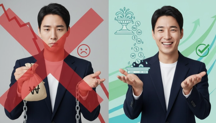 IRP 중도 인출 시의 불이익(왼쪽)과 연금 수령 시의 안정적인 혜택(오른쪽)을 비교하는 이미지