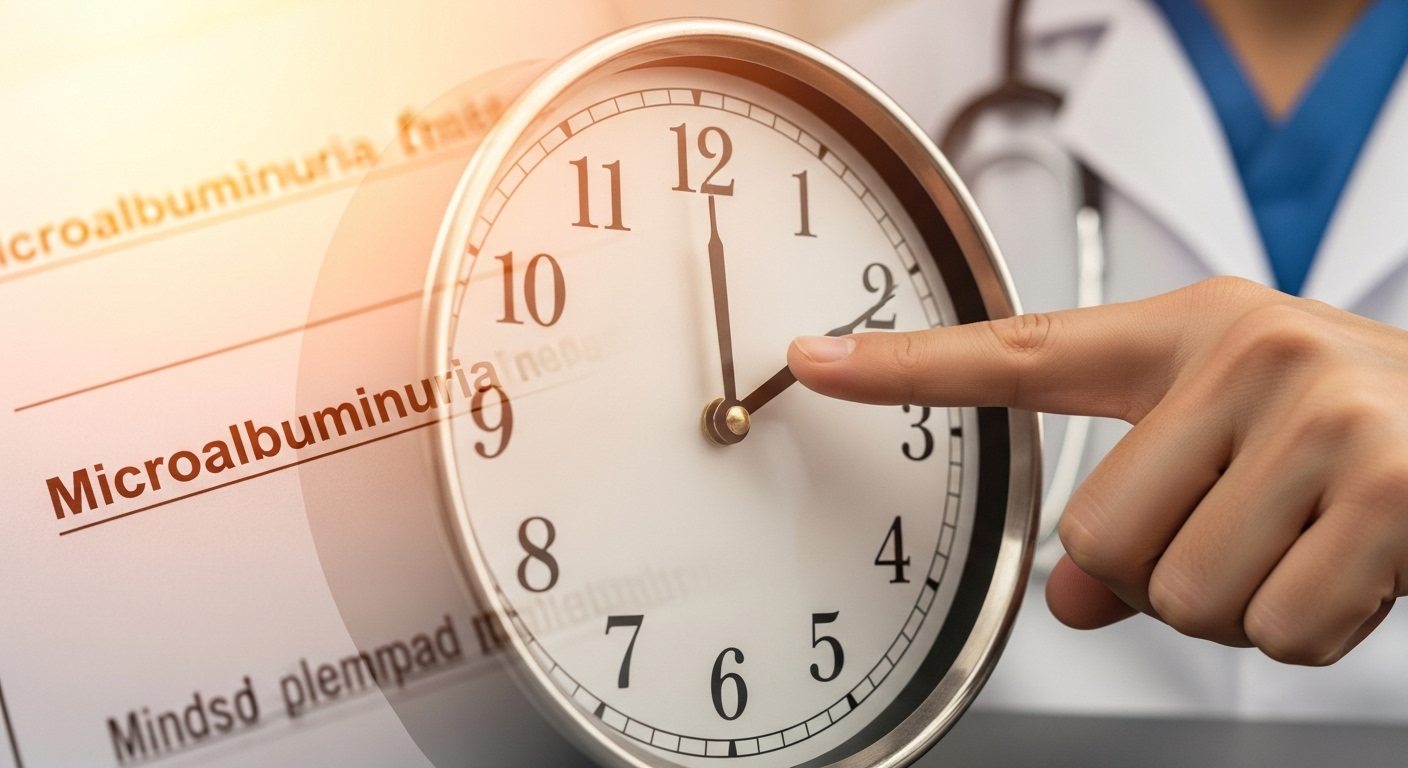 의사의 손이 미세단백뇨 결과가 보이는 서류 위 시계를 가리키며 골든타임을 강조하는 모습