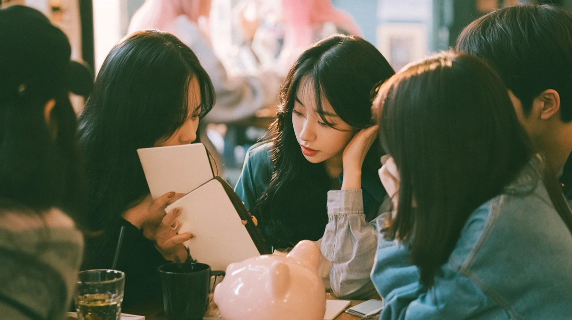 저금통과 가계부를 앞에 두고 이야기 나누는 모임 사람들