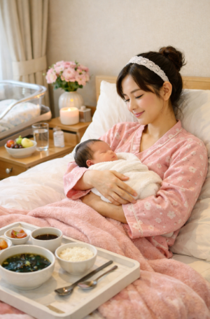산후조리 중인 산모가 침대에서 신생아를 안고 휴식을 취하는 모습, 출산 후 회복과 산후 100일의 중요성을 보여주는 이미지