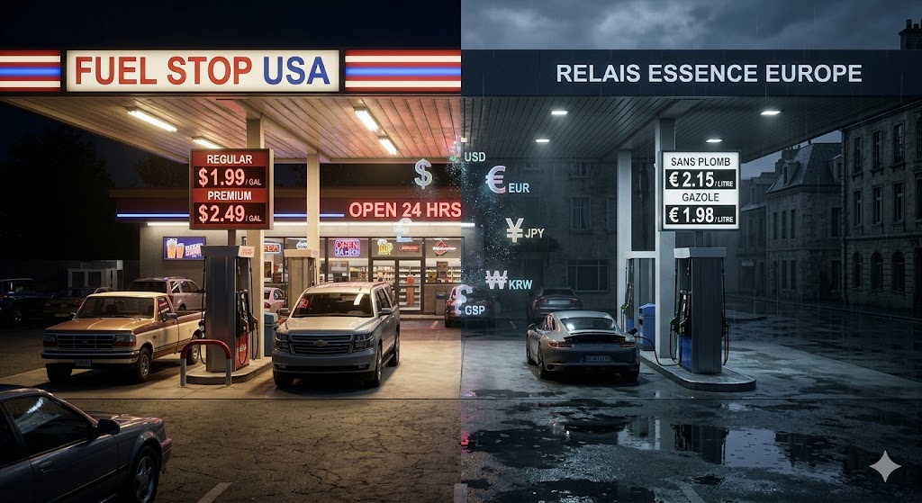 A split-screen comparison showing a brightly lit low-priced American gas station versus a dark high-priced European gas station illustrating global fuel price disparities.