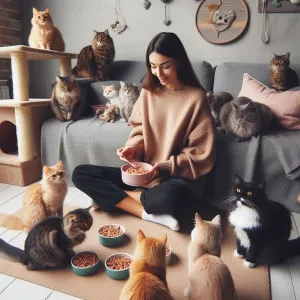 고양이 먹이 주는 여성