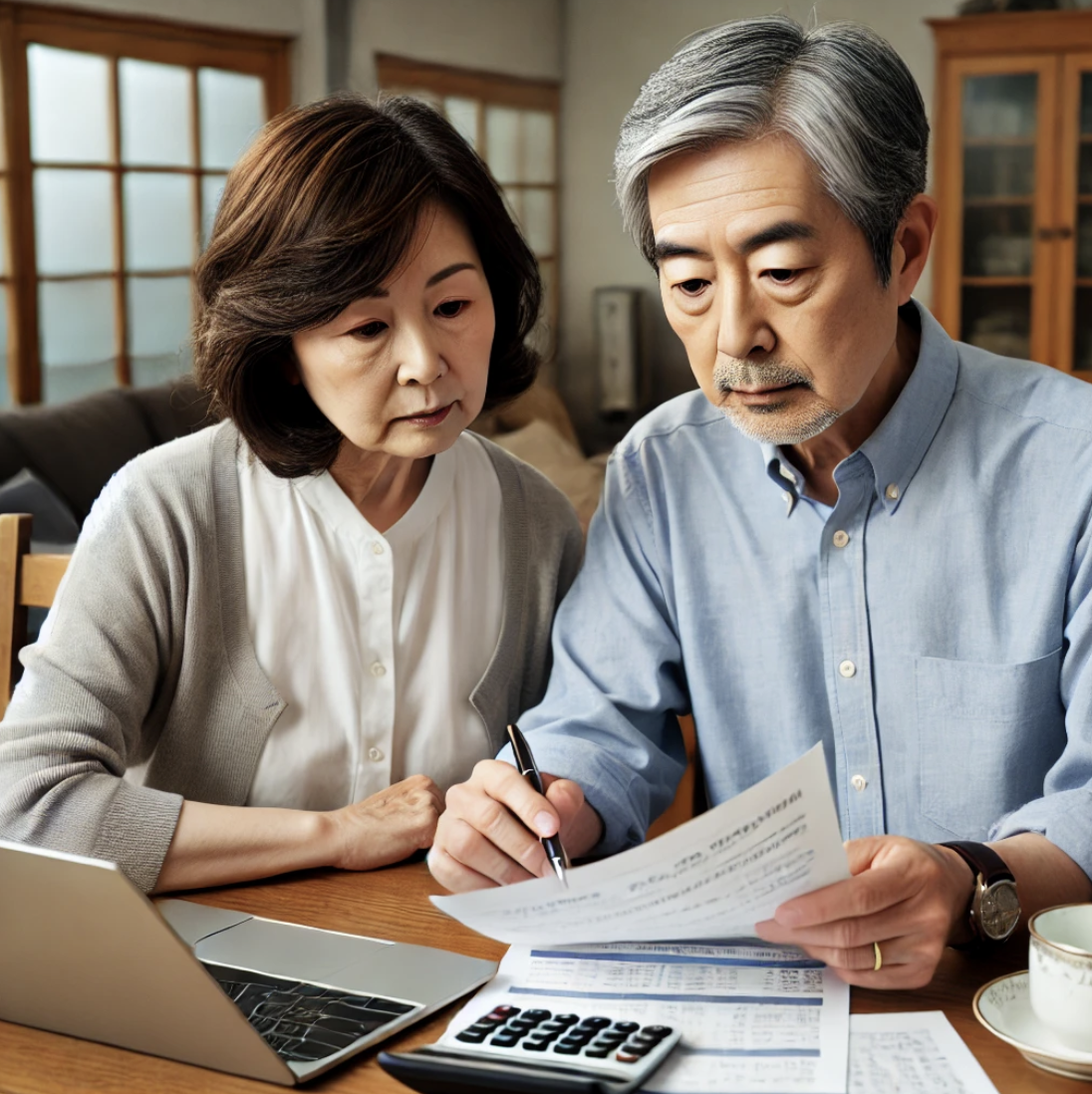  연금 관리 서류를 검토하는 중년의 부부.