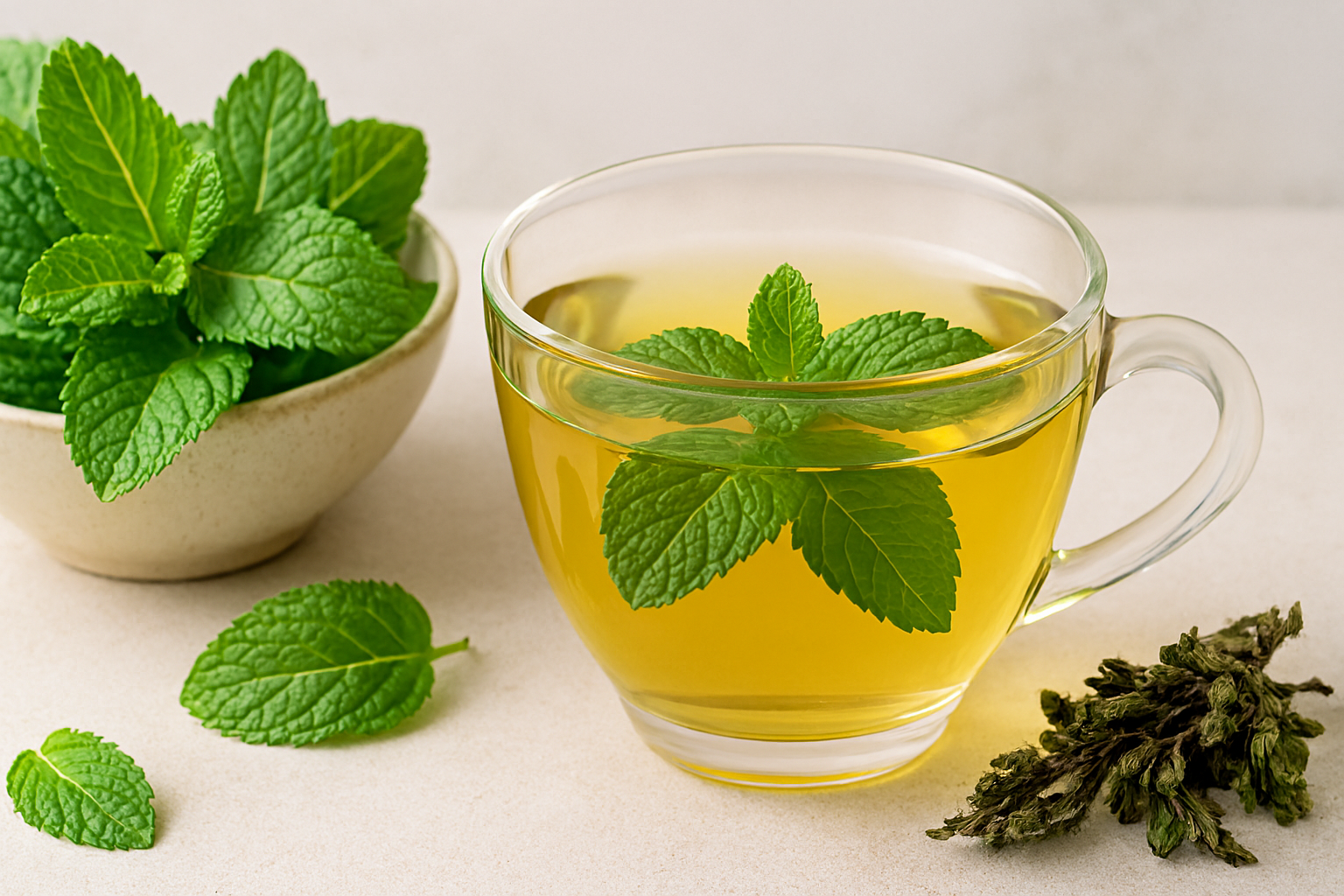 신선한 민트 잎이 보이는 페퍼민트 차 이미지