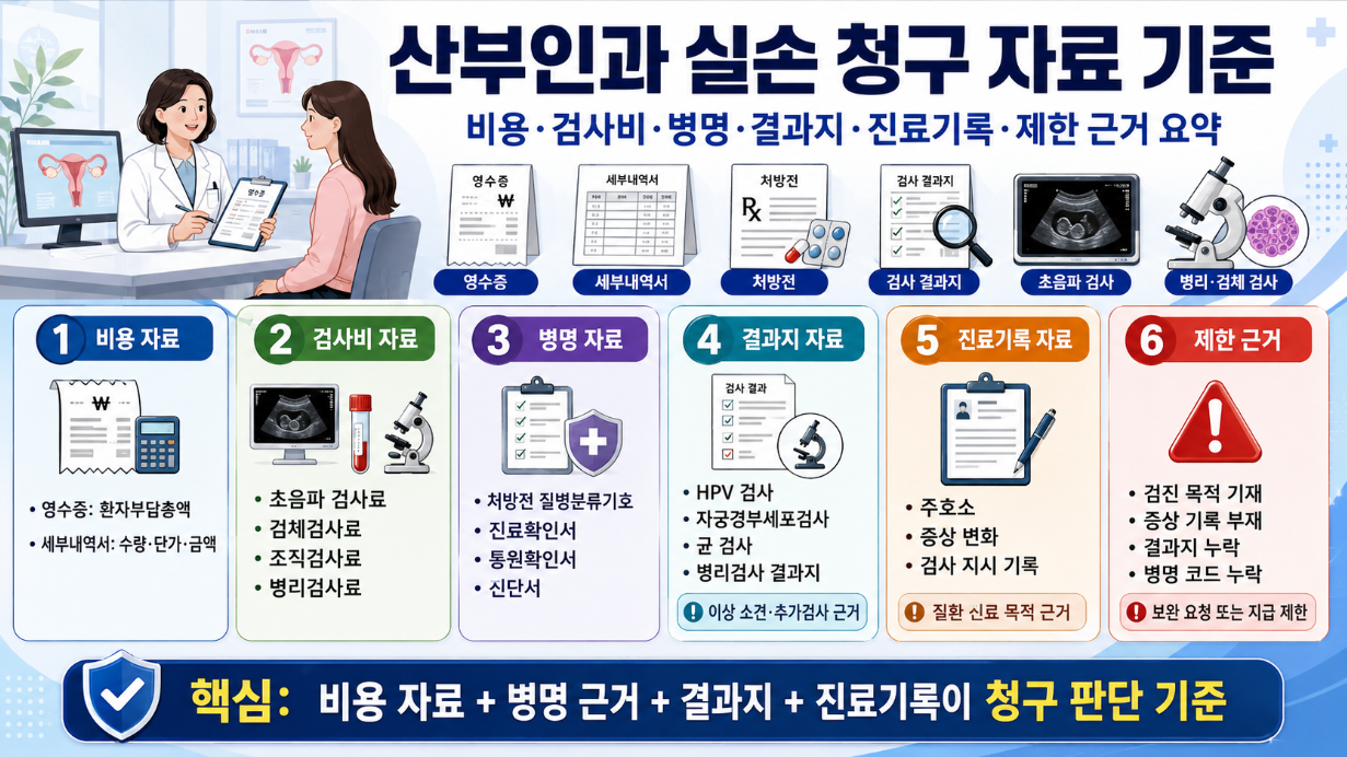 산부인과 실손 청구 자료 기준을 비용 자료, 검사비 자료, 병명 자료, 결과지 자료, 진료기록 자료, 제한 근거로 정리한 의료 보험 인포그래픽