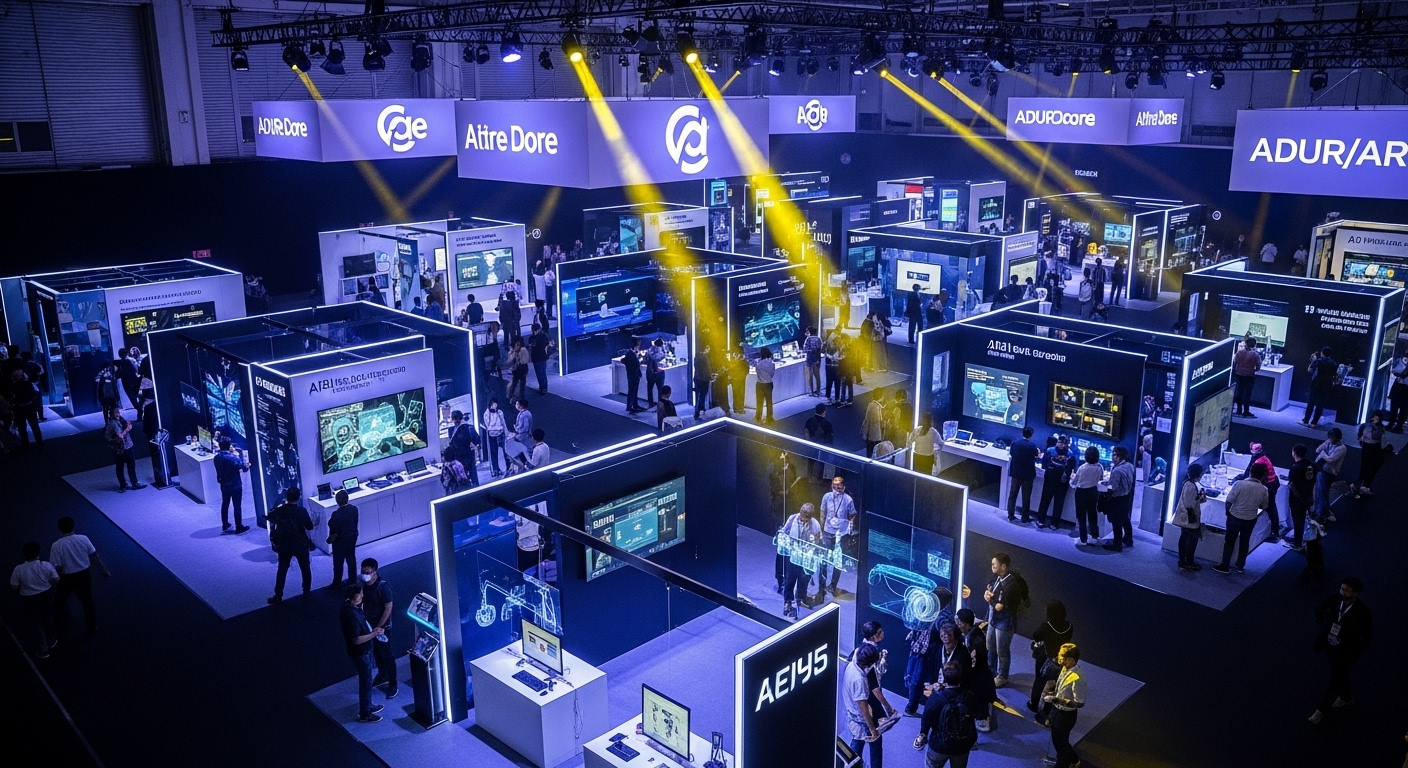 활기찬 AI 기술 박람회장 전경. 홀로그램 디스플레이와 새로운 AI 기기들을 체험하는 사람들이 보이는 역동적인 풍경입니다.
