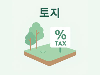 잔디와 나무가 있는 토지 위에 퍼센트(%)와 TAX 표시가 있는 재산세 토지 일러스트.