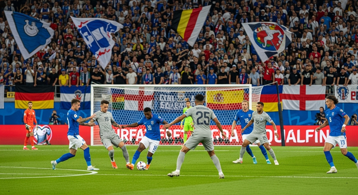 치열한 유럽 월드컵 예선 경기 장면. 파란색과 회색 유니폼을 입은 두 팀이 공을 놓고 격렬하게 다투고 있으며, 열정적인 팬들이 관중석을 가득 메우고 있습니다.