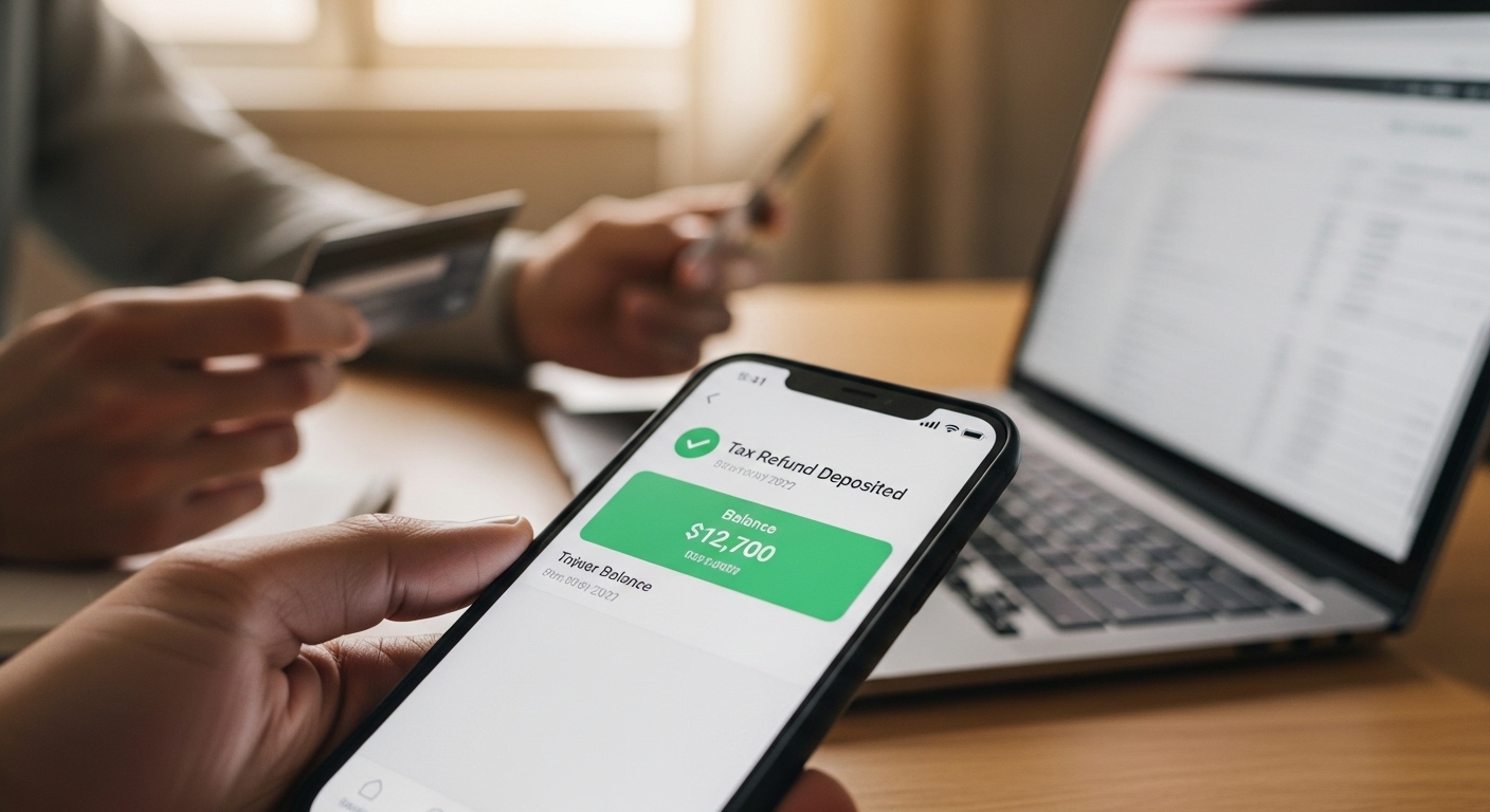 연말정산 환급금이 은행 계좌로 안전하게 입금되는 시각화 이미지