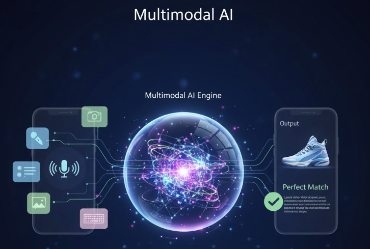 사용자의 사진 촬영, 음성 명령, 텍스트 입력을 동시에 분석하여 가장 적합한 쇼핑 아이템을 찾아주는 멀티모달 AI의 작동 프로세스 인포그래픽 이미지.