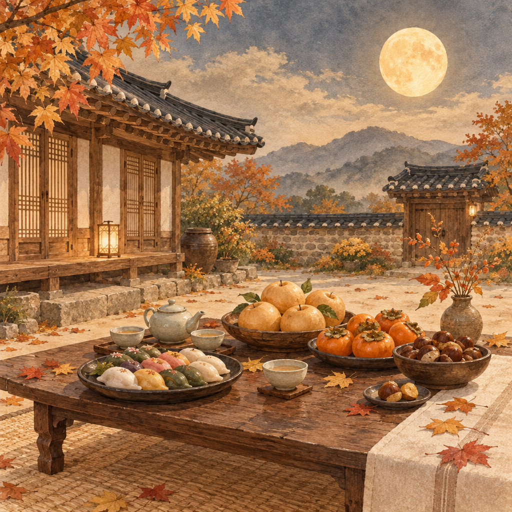 한옥 마당에 차려진 송편과 과일, 가을 보름달이 어우러진 추석 풍경