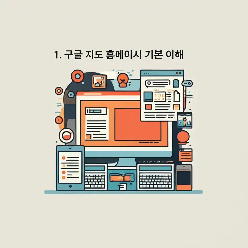 구글 지도 홈페이지의 검색창, 지도, 메뉴 등 기본 구성 요소를 나타내는 스크린샷입니다.